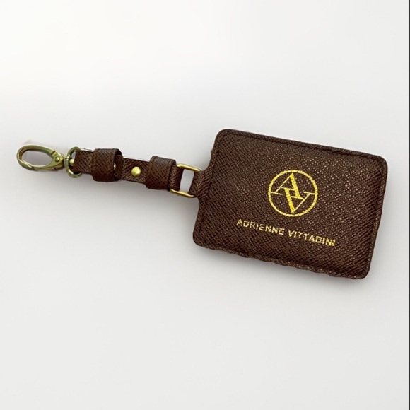 Adrienne Vitadini Brown luggage tag ID holder brown leather gold tone Logo - Picture 2 of 6